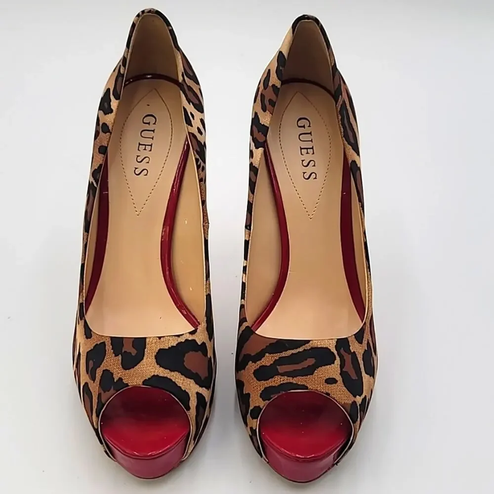 GUESS sz8.5 Patches Leopard Cheetah red Patent platform stiletto peep to…